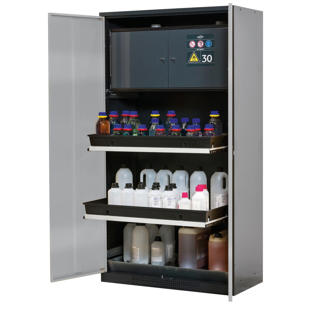 armoire à produits chimiques asecos® CS-CLASSIC-F, avec boîtier de sécurité de type 30, bac en PP et 3 étagères coulissantes, haut. x larg. x prof. 1 950 x 1 055 x 520 mm, argent Illustration du produit: armoire à produits chimiques asecos® CS-CLASSIC-F, avec boîtier de sécurité de type 30, bac en PP et 3 étagères coulissantes, haut. x larg. x prof. 1 950 x 1 055 x 520 mm, argent