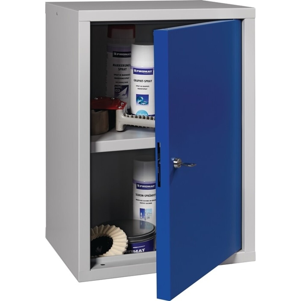 N° de l'image du produit 2 : Armoire suspendue, tôle d'acier, H 600 x l 400 x P 300 mm tôle pleine, 1 tablette, gris clair, RAL 7035 / bleu gentiane, RAL 5010