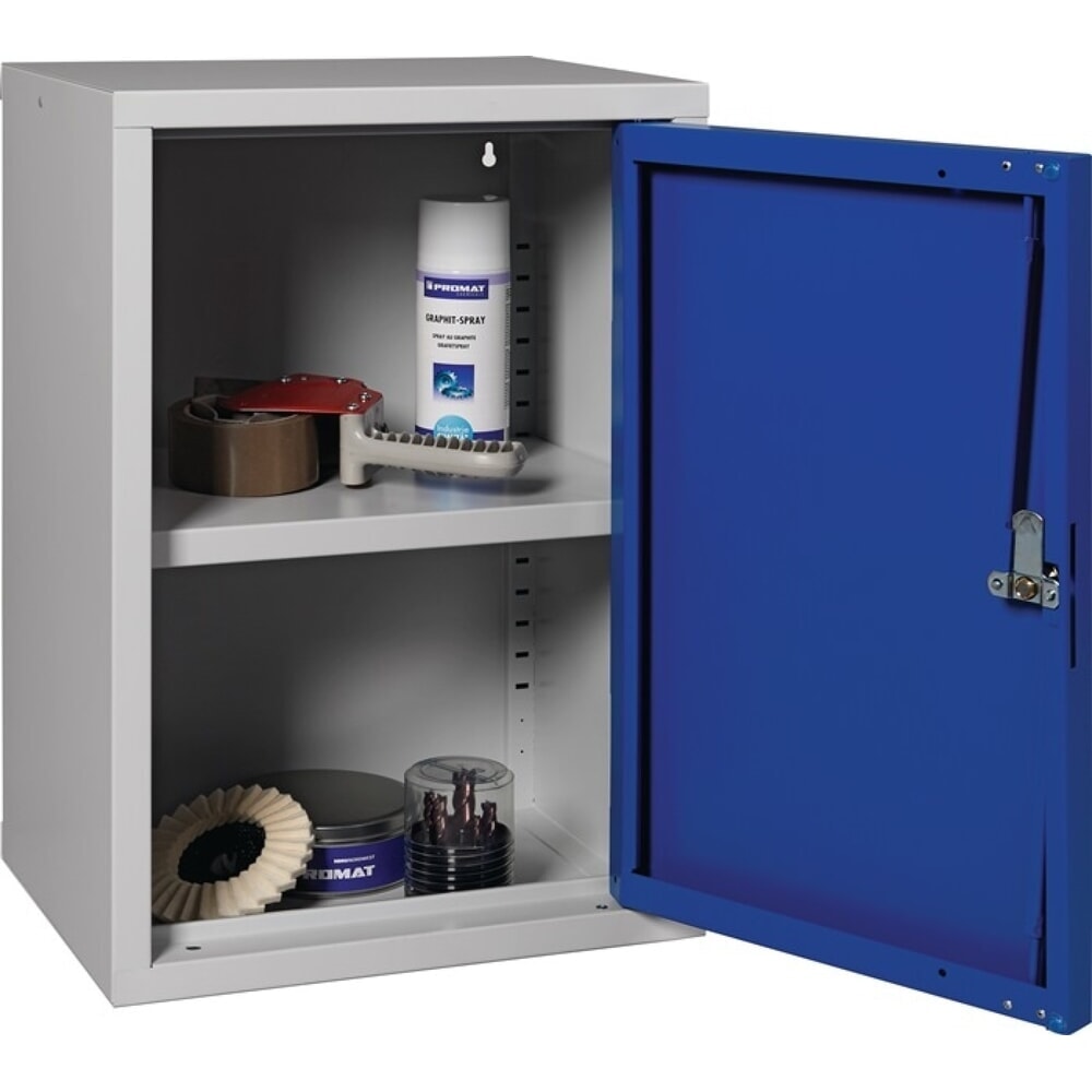 N° de l'image du produit 3 : Armoire suspendue, tôle d'acier, H 600 x l 400 x P 300 mm tôle pleine, 1 tablette, gris clair, RAL 7035 / bleu gentiane, RAL 5010