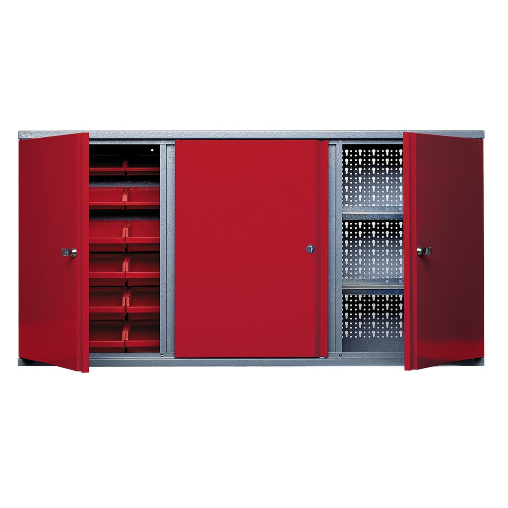 Illustration du produit: Armoire suspendue avec 2 parois arrière perforées + 18 bacs, H x l x p 600 x 1 200 x 190 mm, rouge
