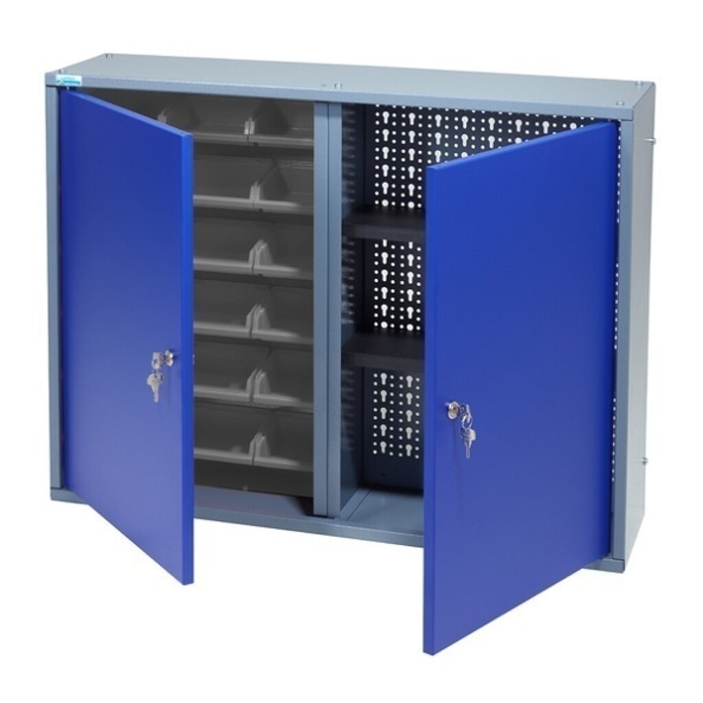 Armoire suspendue avec 1 paroi arrière perforée + 18 bacs, H x l x p 600 x 800 x 190 mm, bleu Illustration du produit: Armoire suspendue avec 1 paroi arrière perforée + 18 bacs, H x l x p 600 x 800 x 190 mm, bleu