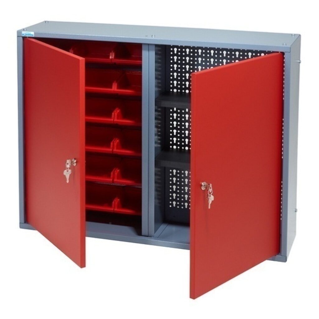 Armoire suspendue avec 1 paroi arrière perforée 18 bacs, H x l x p 600 x 800 x 190 mm, rouge Illustration du produit: Armoire suspendue avec 1 paroi arrière perforée 18 bacs, H x l x p 600 x 800 x 190 mm, rouge