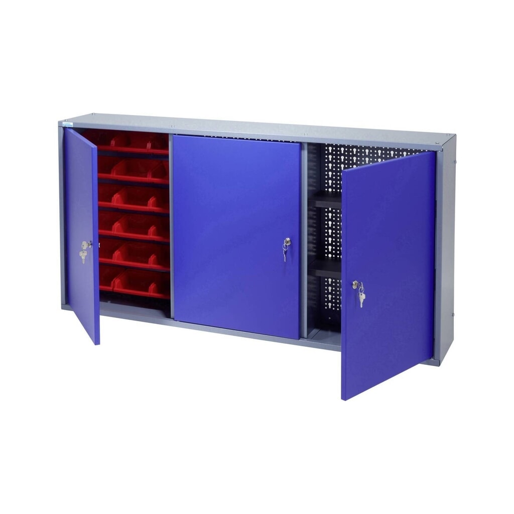 Armoire suspendue avec 2 parois arrière perforées + 18 bacs, H x l x p 600 x 1 200 x 190 mm, bleu Illustration du produit: Armoire suspendue avec 2 parois arrière perforées + 18 bacs, H x l x p 600 x 1 200 x 190 mm, bleu