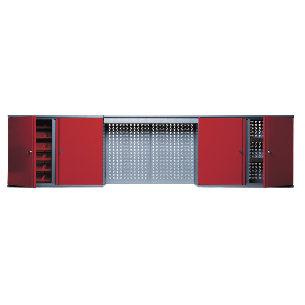 Illustration du produit: Armoire suspendue avec 4 tablettes + 4 parois arrière perforées + 12 bacs + bandeau lumineux, rouge