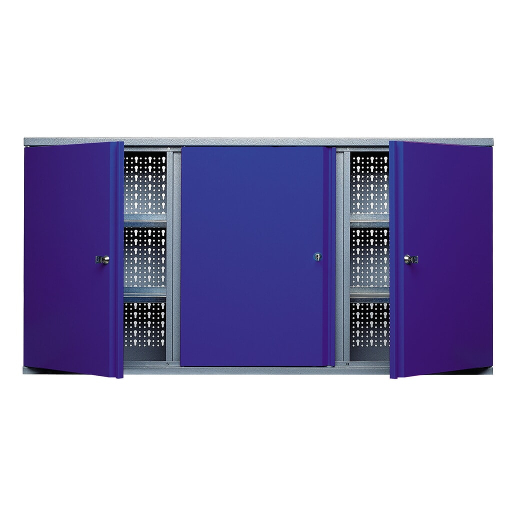 Armoire suspendue avec 4 étagères + 3 parois arrière perforées, H x l x P 600 x 1 200 x 190 mm, bleu Illustration du produit: Armoire suspendue avec 4 étagères + 3 parois arrière perforées, H x l x P 600 x 1 200 x 190 mm, bleu