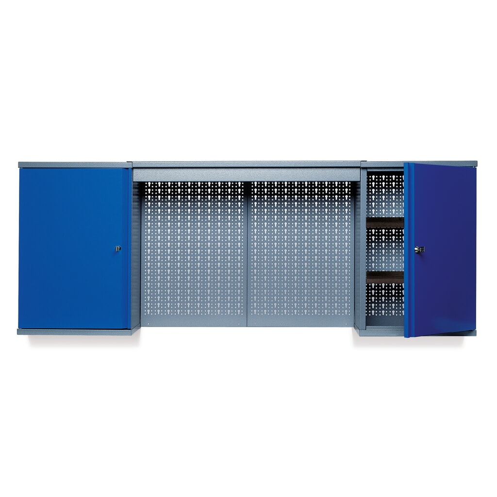 Armoire suspendue avec 4 étagères + 4 parois arrière perforées + bandeau lumineux, H x l x P 600 x 1 600 x 190 mm, bleu Illustration du produit: Armoire suspendue avec 4 étagères + 4 parois arrière perforées + bandeau lumineux, H x l x P 600 x 1 600 x 190 mm, bleu