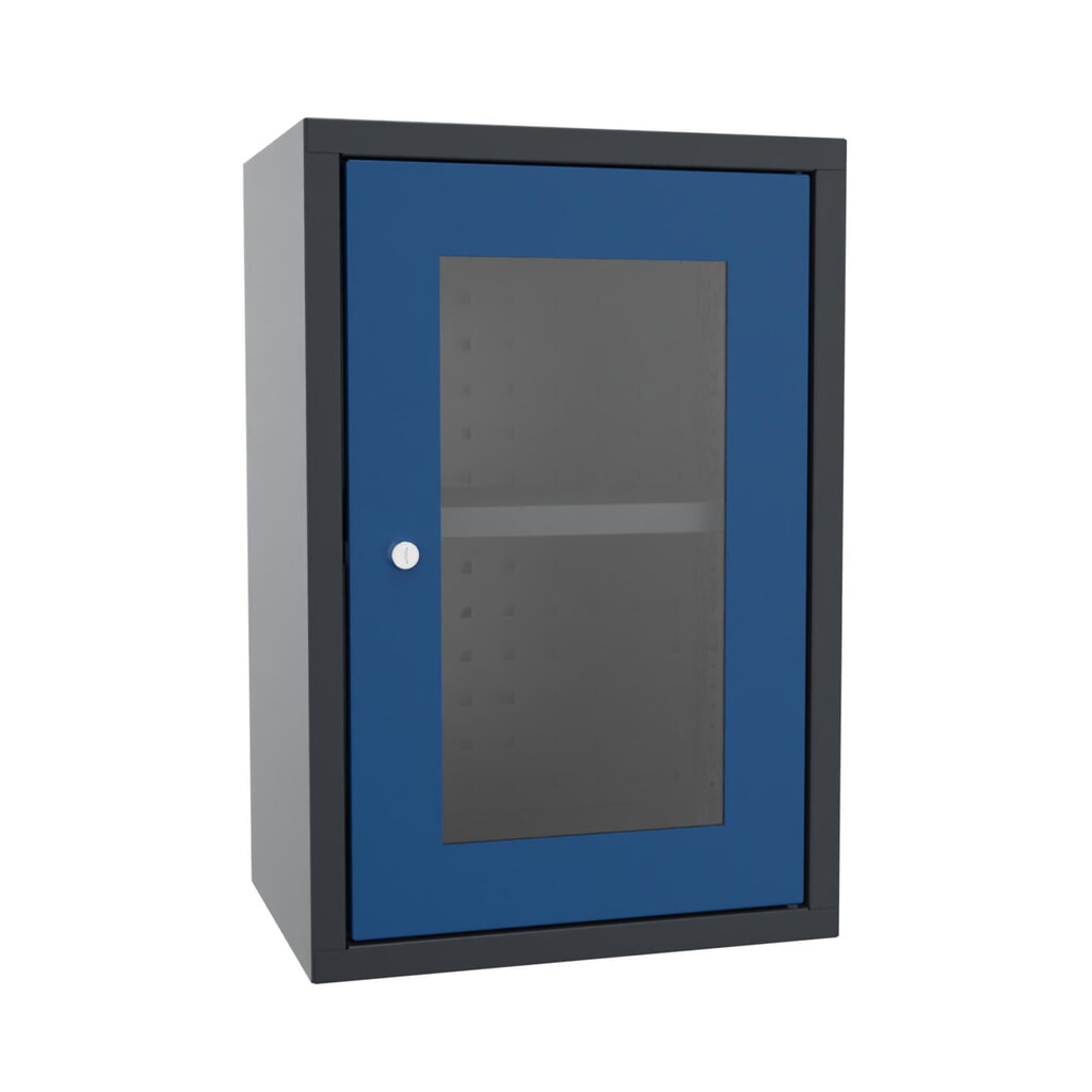Armoire suspendue PAVOY avec regard, H x l x P 600 x 400 x 300 mm, paroi arrière perforée, bleu gentiane, gris anthracite Illustration du produit: Armoire suspendue PAVOY avec regard, H x l x P 600 x 400 x 300 mm, paroi arrière perforée, bleu gentiane, gris anthracite