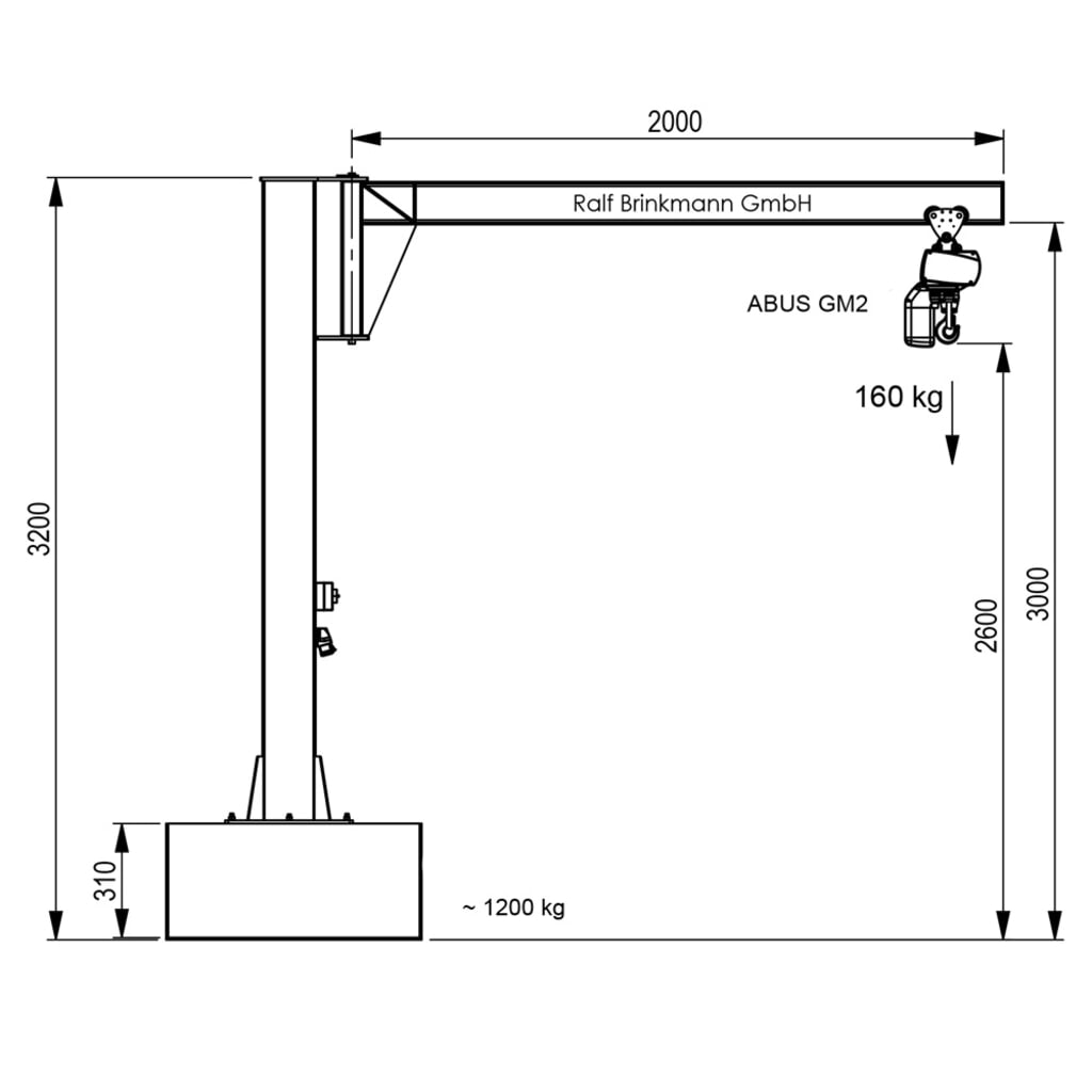 N° de l'image du produit 3 : Brinkmann mobiler Säulenschwenkkran mit Stahl Ausleger, ABUS Kettenzug, Tragfähigkeit 160 kg, Ausladung 2 m