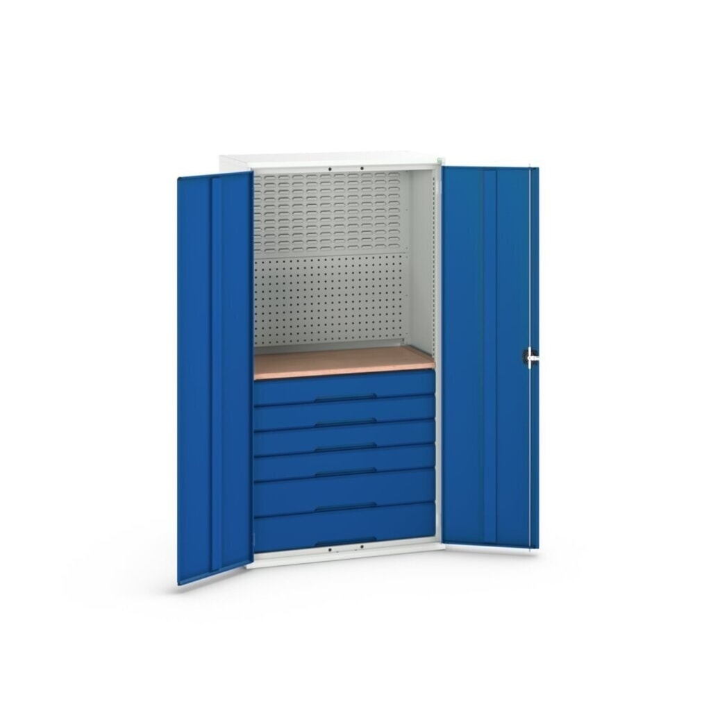 N° de l'image du produit 4 : bott Armoire à portes battantes verso avec 6 tiroirs, avec paroi arrière et plan de travail, lxPxH : 1 050 x 550 x 2 000 mm