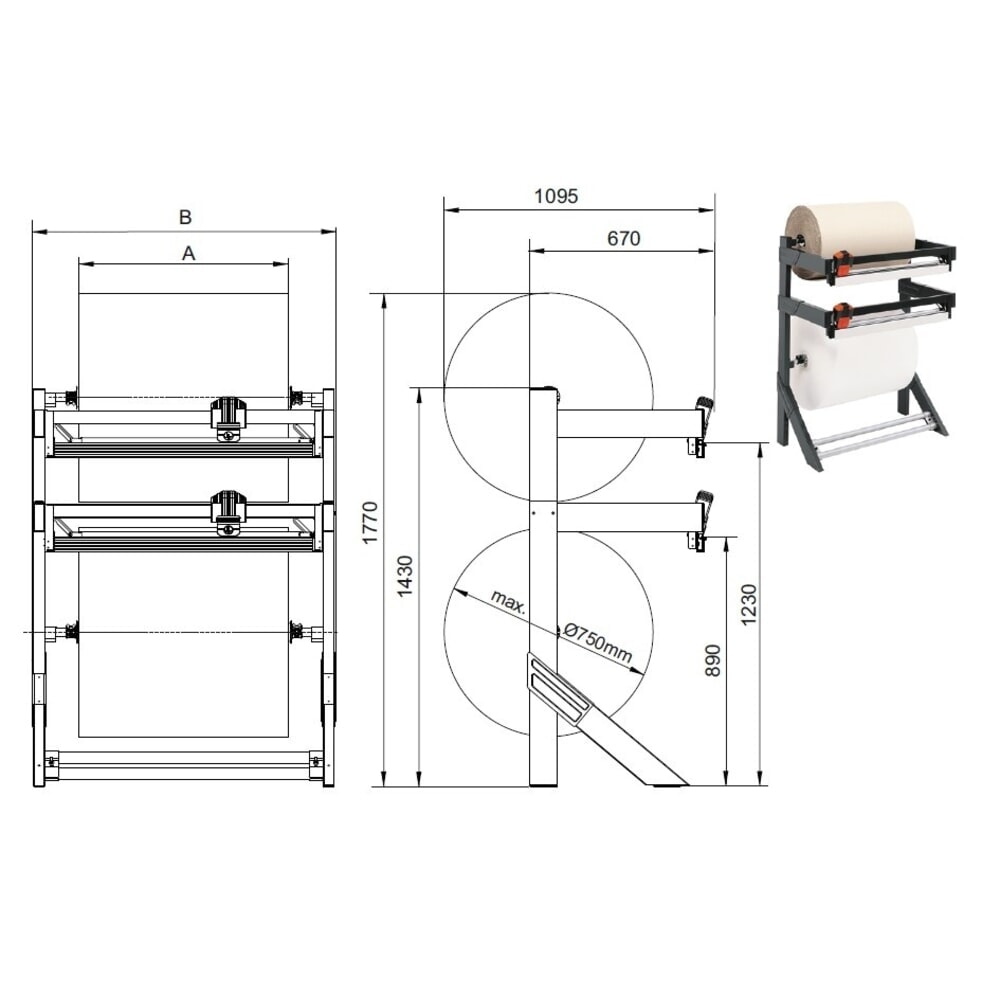N° de l'image du produit 4 : Rocholz support de découpe double, pour charges lourdes, poids maximal du rouleau 150 kg, largeur de coupe 750 mm