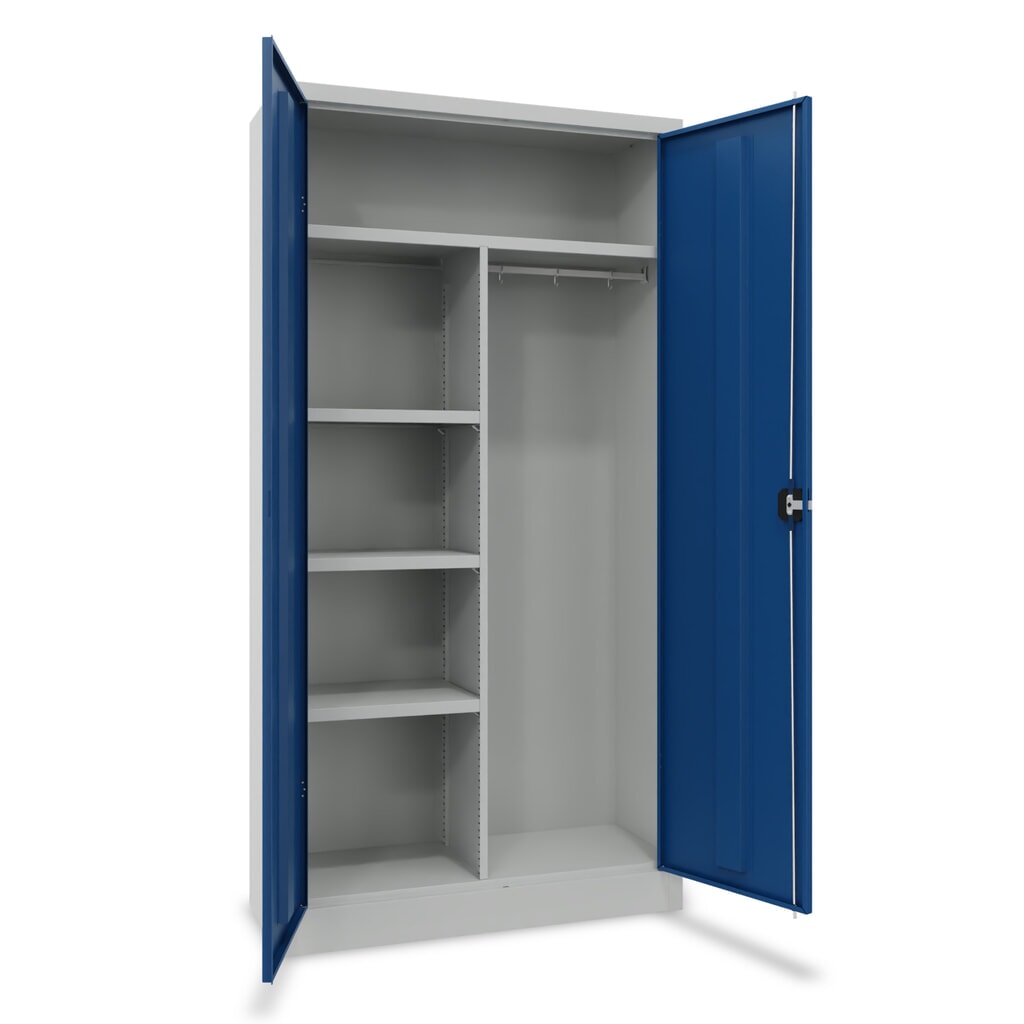 Illustration du produit: PAVOY Armoire à portes battantes avec étagère à couvre-chef, paroi de séparation, tablettes revêtues par poudrage et tringle à vêtements, H x l x P 1 950 x 1 000 x 400 mm, gris clair/bleu gentiane
