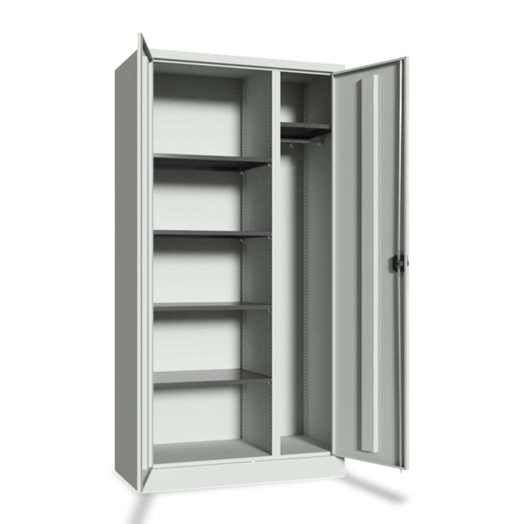Illustration du produit: PAVOY Armoire à produits de nettoyage avec paroi de séparation, tablettes galvanisées et tringle à vêtements, H x l x P 1 950 x 1 000 x 400 mm, gris clair/gris clair