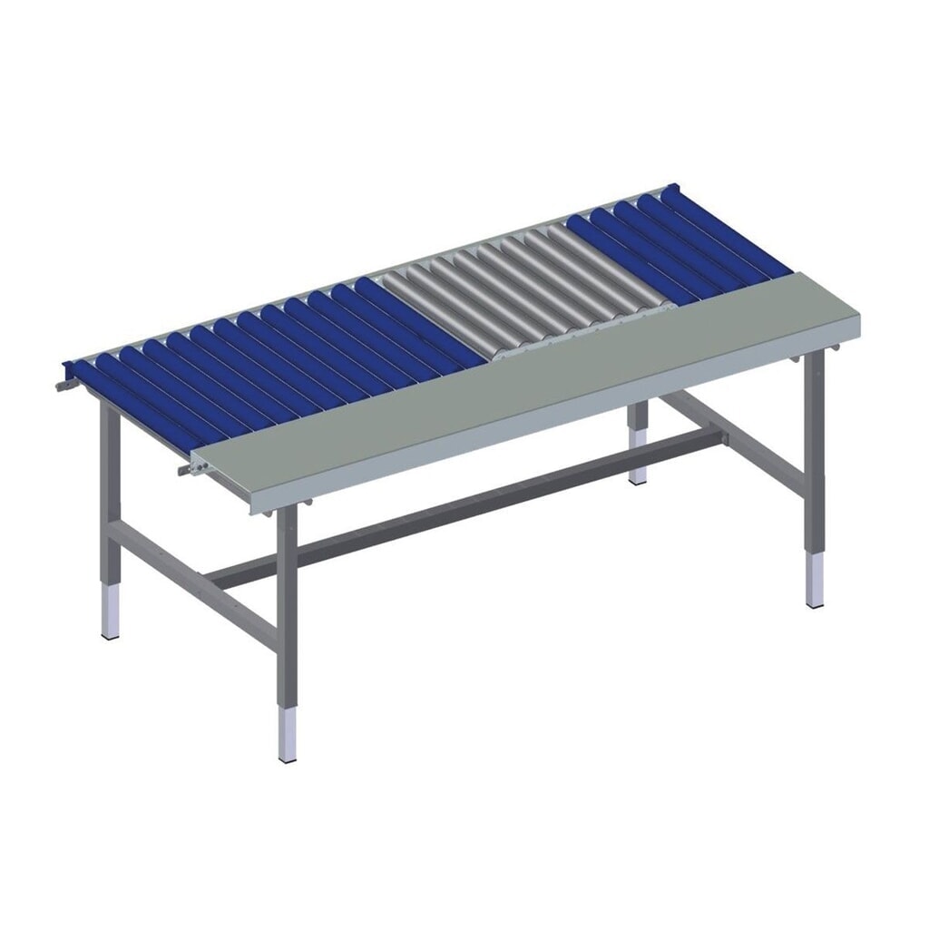 Illustration du produit: Rocholz Höhenverstellbarer Packtisch SYSTEM 2000, Rollenbahn, manuell, Arbeitsfläche, eichfähige Waage, HxBxT 690–960 mm x 1955 mm x 920 mm