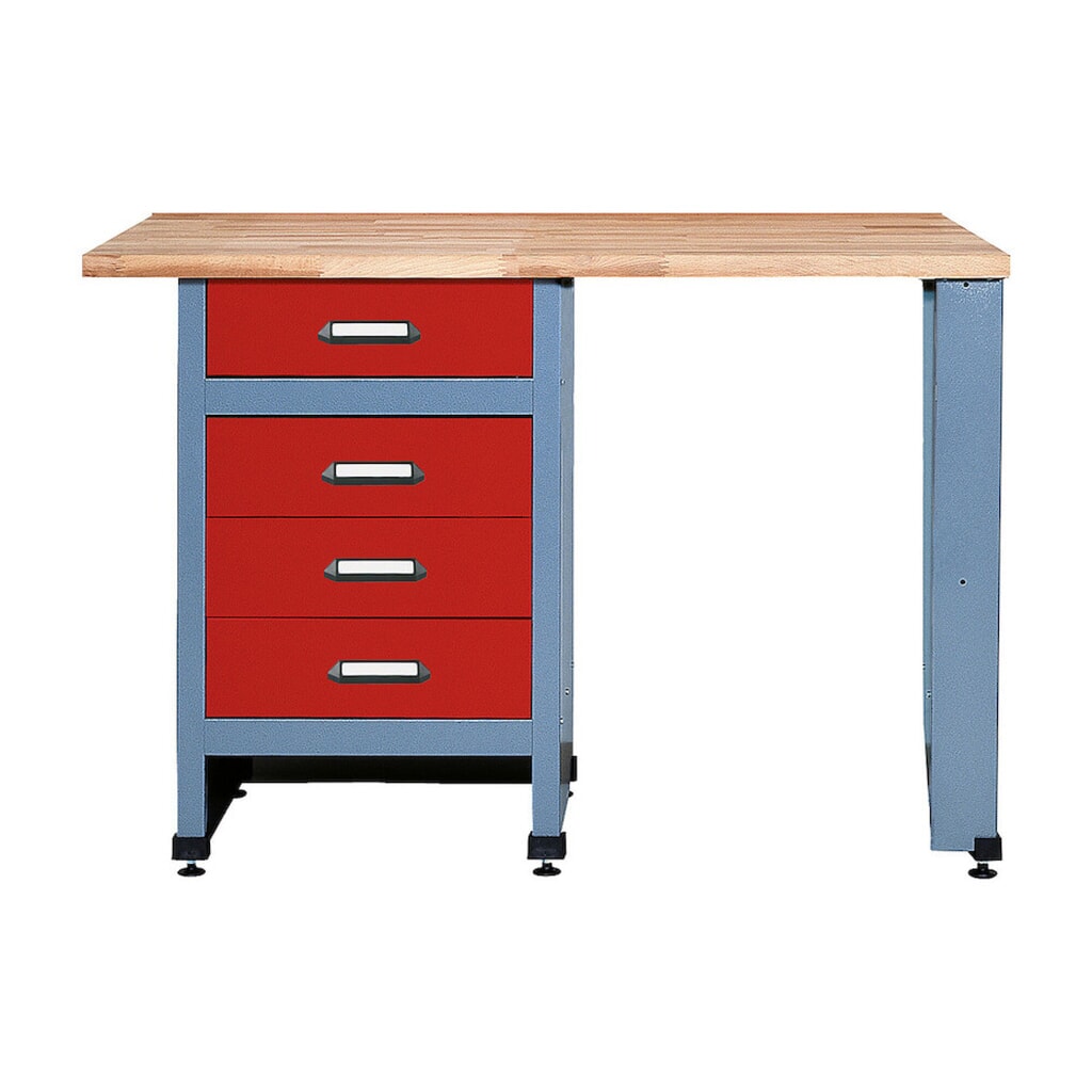 Établi avec 4 tiroirs + espace d’assise, l x P, 1 200 x 600 mm, rouge Illustration du produit: Établi avec 4 tiroirs + espace d’assise, l x P, 1 200 x 600 mm, rouge