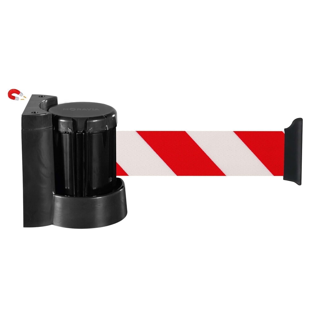 Illustration du produit: Sangle murale, auto-rétractable, avec frein centrifuge, longueur 4 m, striée en diagonale rouge/blanc