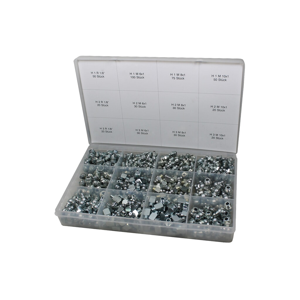 Assortiment de graisseurs pour pompes à graisse à levier SAMOA, 475 pièces Illustration du produit: Assortiment de graisseurs pour pompes à graisse à levier SAMOA, 475 pièces