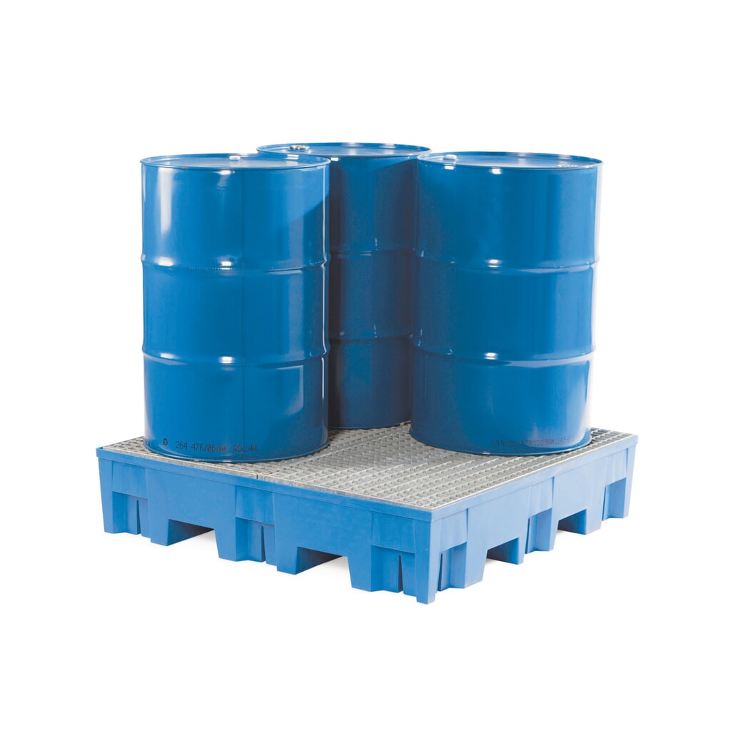 asecos® bac de rétention en polyéthylène (PE) avec entrées de fourche, 4 x 200 l, H x l x P 275 x 1 235 x 1 235 mm, grille galvanisée Illustration du produit: asecos® bac de rétention en polyéthylène (PE) avec entrées de fourche, 4 x 200 l, H x l x P 275 x 1 235 x 1 235 mm, grille galvanisée