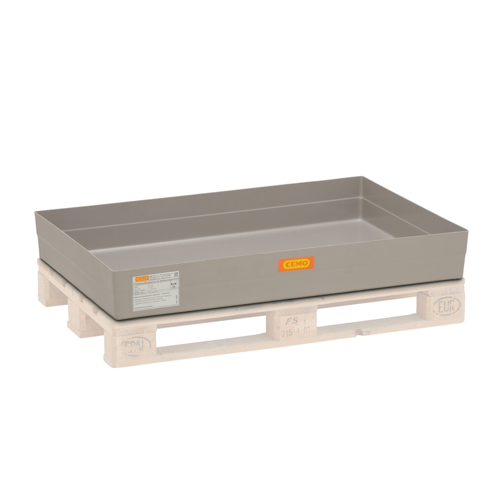 Bac de rétention CEMO pour fûts de 60 à 200 litres, support pour palettes, H x l x P 208 x 800 x 1 200 mm, sans caillebotis Illustration du produit: Bac de rétention CEMO pour fûts de 60 à 200 litres, support pour palettes, H x l x P 208 x 800 x 1 200 mm, sans caillebotis