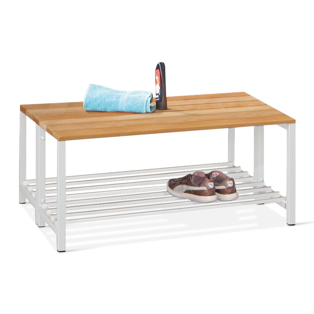 Illustration du produit: Banc de vestiaire PAVOY avec lattes en bois de hêtre, 2 côtés, longueur 1 000 mm sans porte-chaussures, bleu gentiane