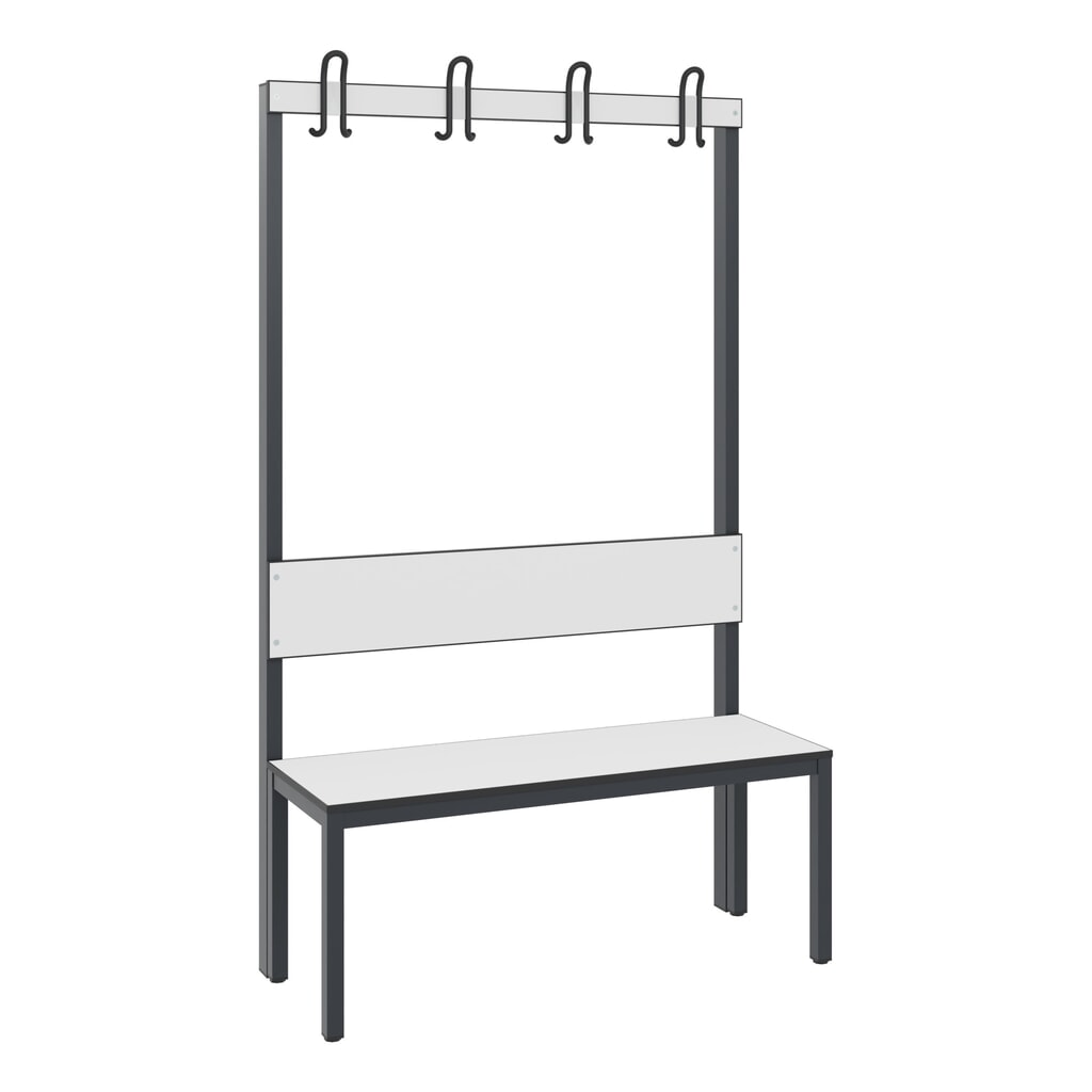 Banc pour vestiaire C+P Basic Plus, longueur 1 000 mm, utilisable d’un seul côté, avec dossier, 4 crochets doubles, gris-noir / blanc Illustration du produit: Banc pour vestiaire C+P Basic Plus, longueur 1 000 mm, utilisable d’un seul côté, avec dossier, 4 crochets doubles, gris-noir / blanc
