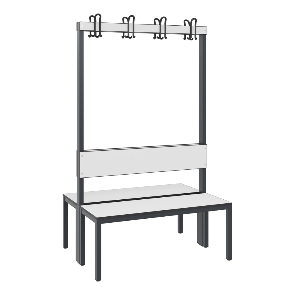 N° de l'image du produit 1 : Banc pour vestiaire C+P Basic Plus, longueur 1 000 mm, utilisable d’un seul côté, avec dossier, 2x4 crochets doubles, gris-noir/blanc