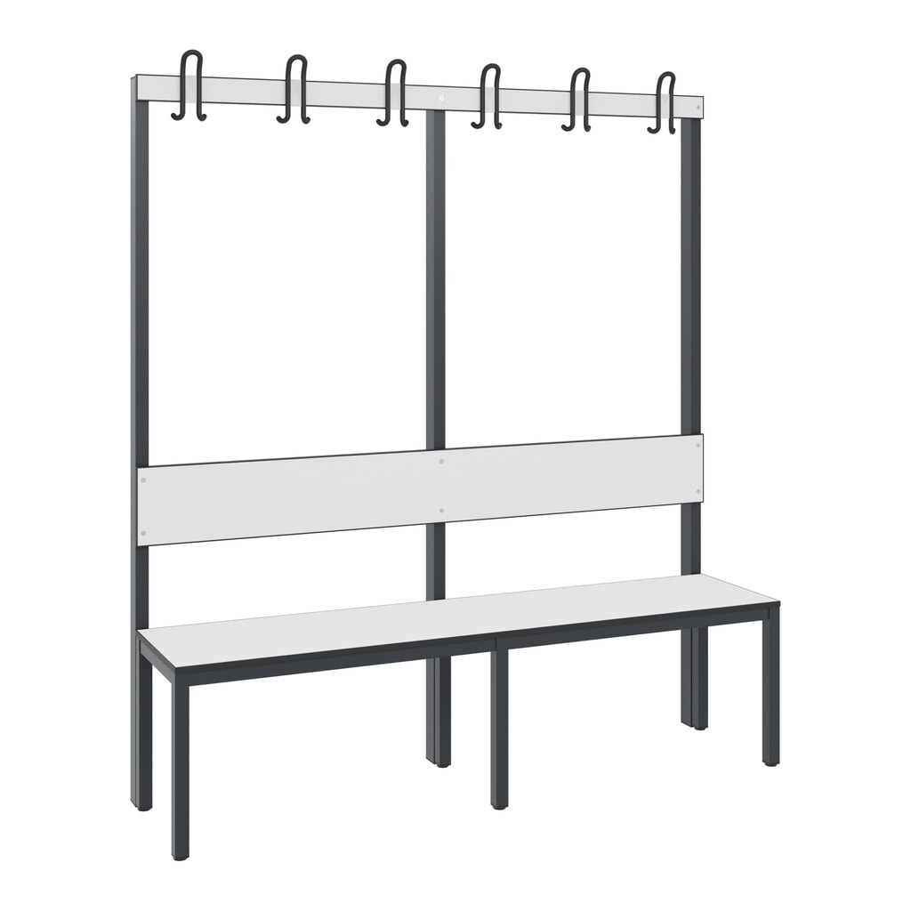 Banc pour vestiaire C+P Basic Plus, longueur 1 500 mm, utilisable d’un seul côté, avec dossier, 6 crochets doubles, gris-noir / blanc Illustration du produit: Banc pour vestiaire C+P Basic Plus, longueur 1 500 mm, utilisable d’un seul côté, avec dossier, 6 crochets doubles, gris-noir / blanc