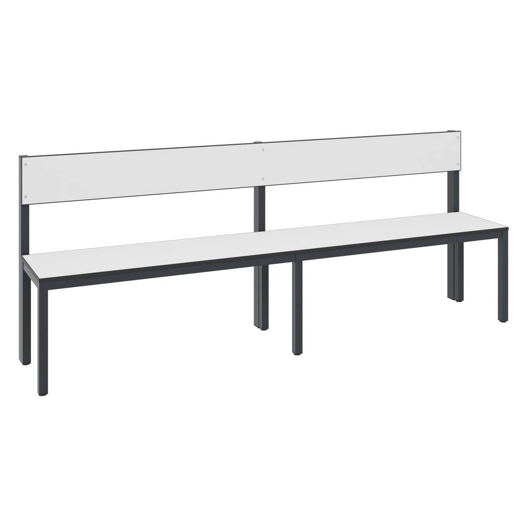 Banc pour vestiaire C+P Basic Plus, longueur 1 960 mm, utilisable d’un seul côté, avec dossier, gris-noir/blanc Illustration du produit: Banc pour vestiaire C+P Basic Plus, longueur 1 960 mm, utilisable d’un seul côté, avec dossier, gris-noir/blanc
