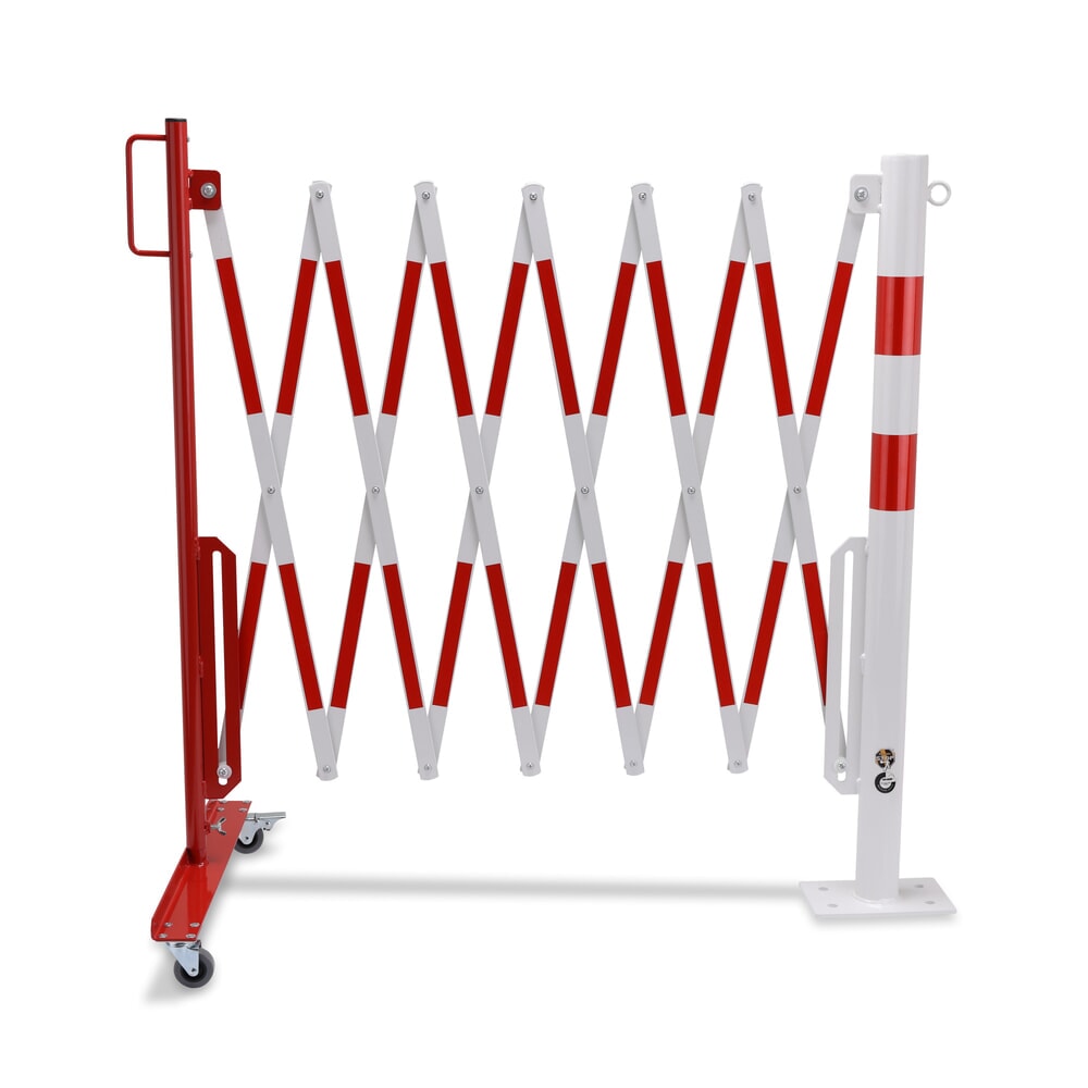 N° de l'image du produit 5 : Barrière extensible dancop avec potelets, Ø 60 mm, largeur 3 600 mm, rouge/blanc