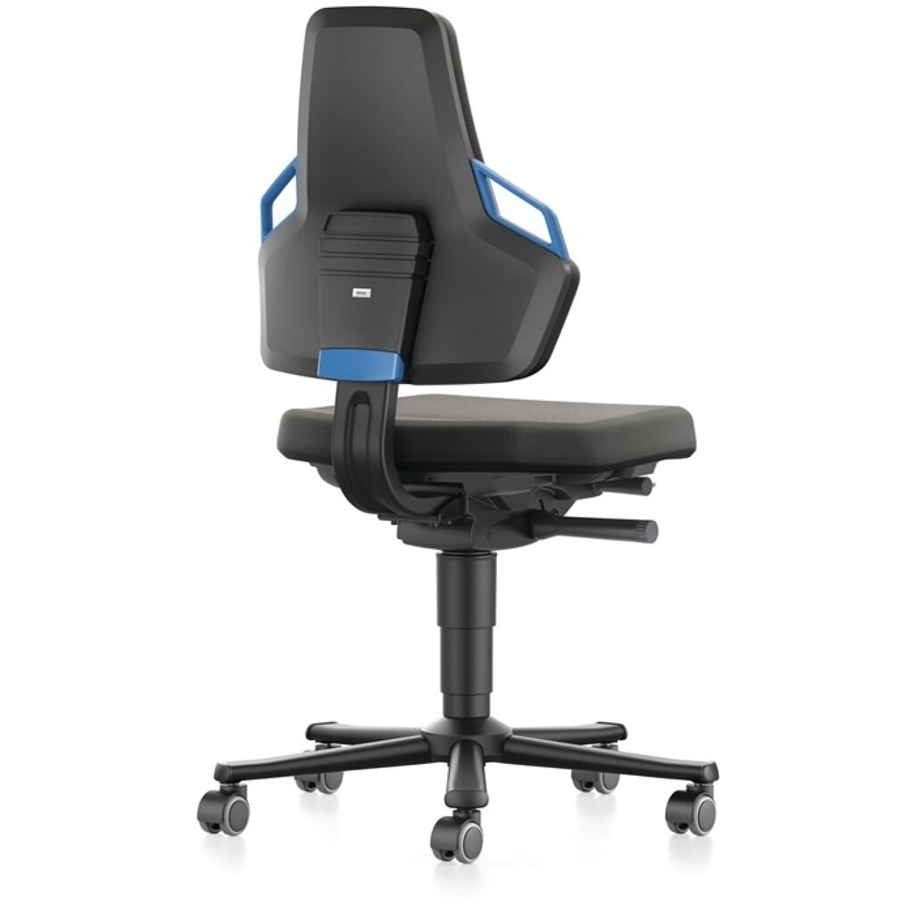 Chaise de travail pivotante bimos Nexxit, tissu Supertec noir, roulettes, couleur de la poignée bleu 450-600 mm Illustration du produit: Chaise de travail pivotante bimos Nexxit, tissu Supertec noir, roulettes, couleur de la poignée bleu 450-600 mm