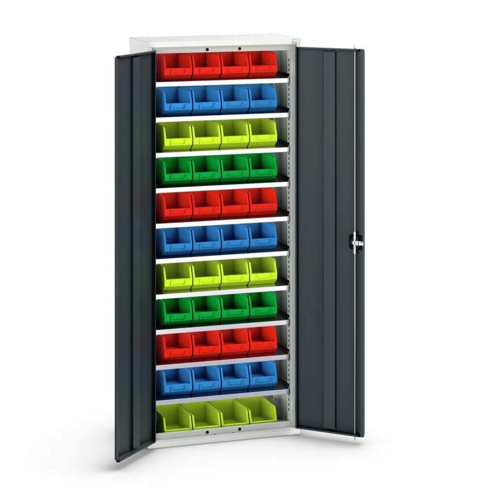 Illustration du produit: bott Armoire à bacs verso, avec 10 tablettes et 44 bacs à bec, lxPxH : 800 x 350 x 2 000 mm
