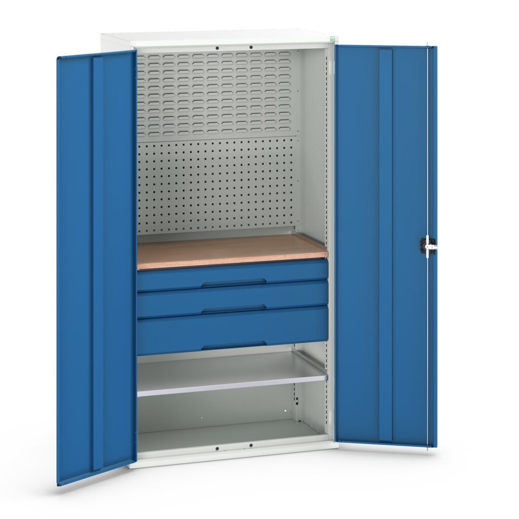 Illustration du produit: bott Armoire à portes battantes verso avec 3 tiroirs, avec 2 tablettes et paroi arrière, lxPxH : 1 050 x 550 x 2 000 mm