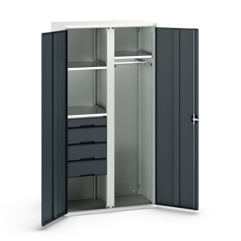 N° de l'image du produit 1 : bott Armoire à portes battantes verso avec 4 tiroirs, avec 3 tablettes et 1 tringle à vêtements, lxPxH : 1 050 x 550 x 2 000 mm