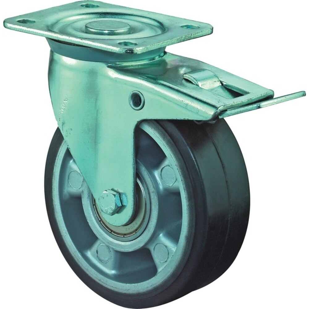 Illustration du produit: BS ROLLEN Roue directrice pour charges lourdes, blocage total, caoutchouc, roue Ø 125 mm, capacité de charge 200 kg, 105 mm 85 mm