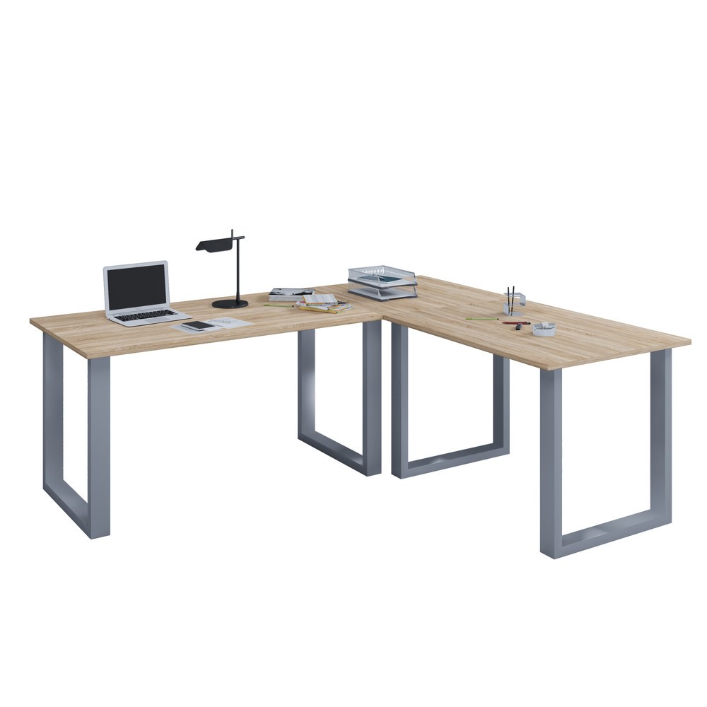 Illustration du produit: Bureau d'angle VCM Lona, piètement en U, plateaux de LxP 1 100 x 800 et 1 100 x 800 mm, chêne Sonoma/argent