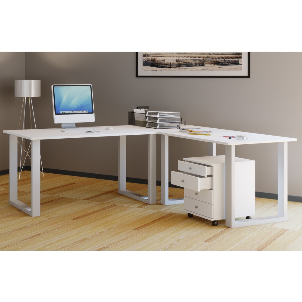 N° de l'image du produit 2 : Bureau d’angle VCM Lona, piètement en U, plateaux de LxP 2 200 x 800 et 1 600 x 800 mm, blanc
