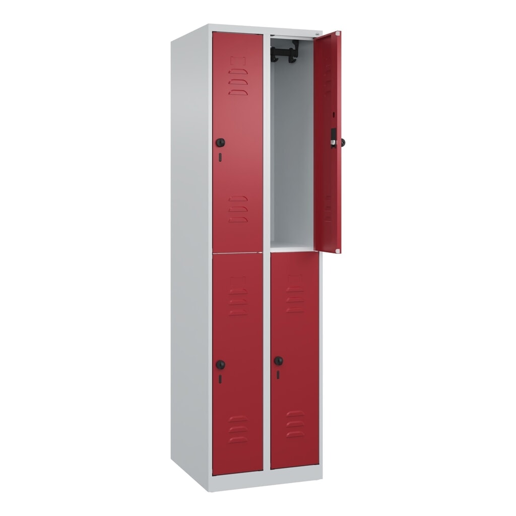 N° de l'image du produit 1 : C+P Doppelstock-Spind Classic PLUS, 2 Abteile, HxBxT 1.850 x 500 x 500 mm, lichtgrau, rubinrot, für Vorhängeschloss, 4 Fächer