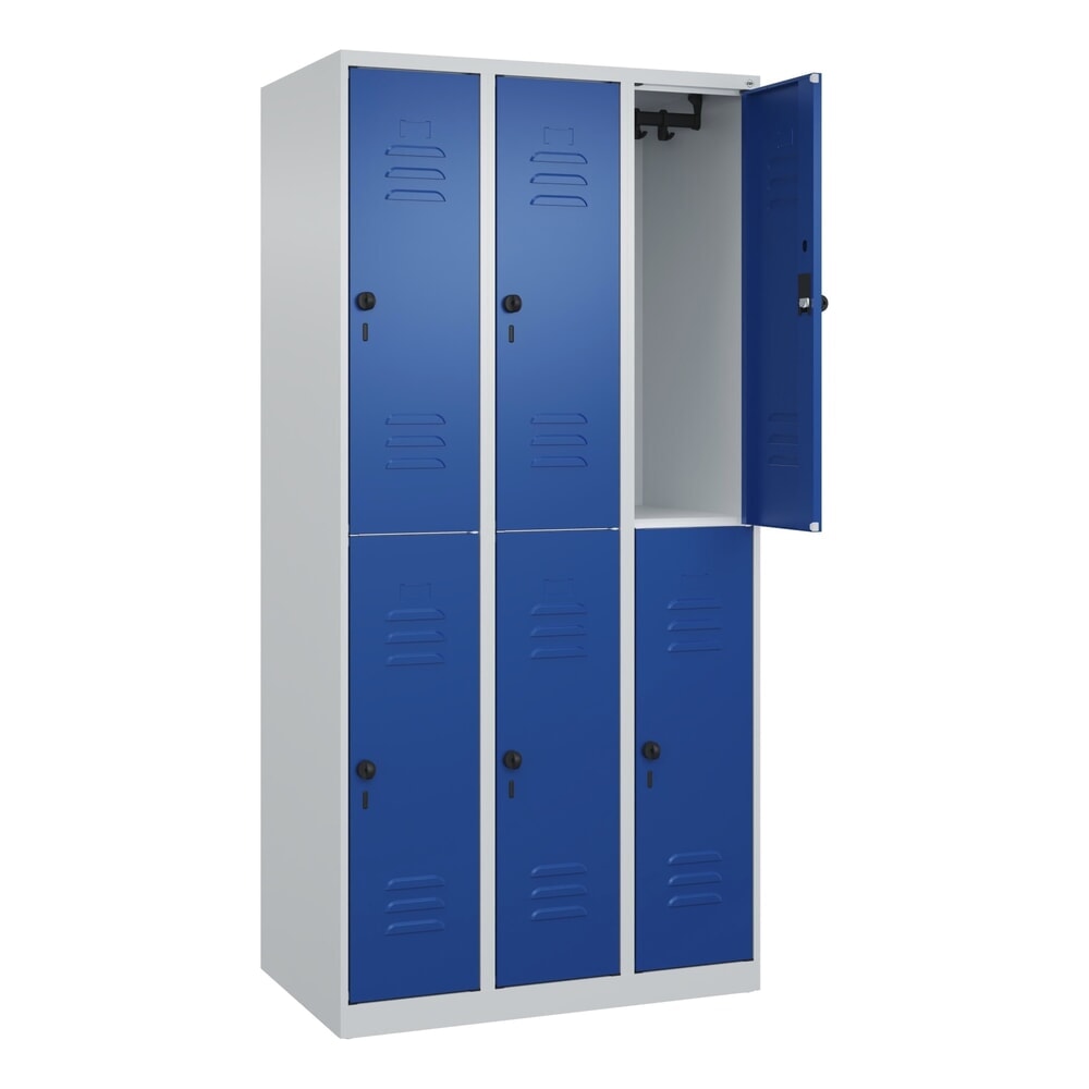 N° de l'image du produit 1 : C+P Doppelstock-Spind Classic PLUS, 3 Abteile, HxBxT 1.850 x 900 x 500 mm, lichtgrau, enzianblau, für Vorhängeschloss, 6 Fächer