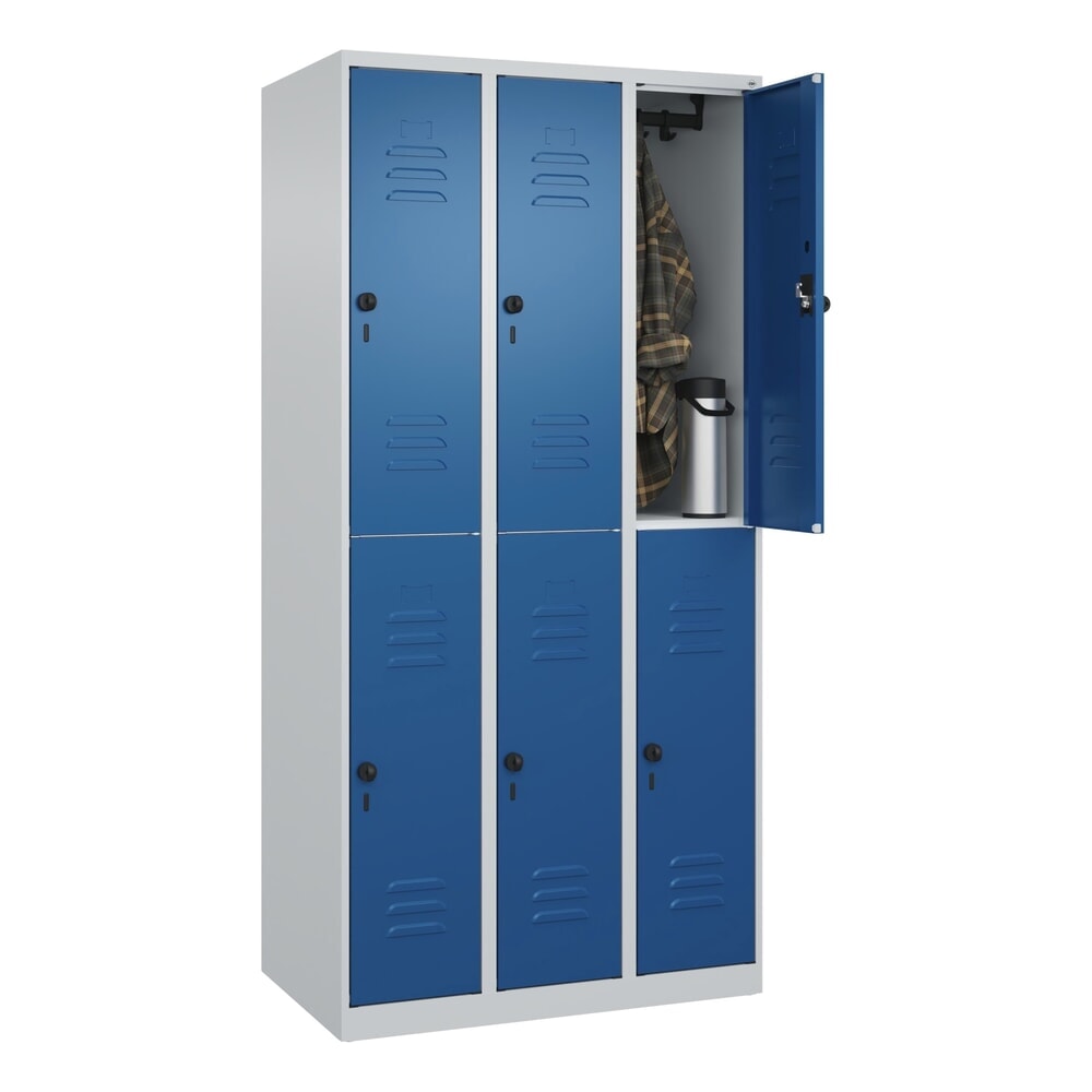 N° de l'image du produit 10 : C+P Doppelstock-Spind Classic PLUS, 3 Abteile, HxBxT 1.850 x 900 x 500 mm, lichtgrau, enzianblau, für Vorhängeschloss, 6 Fächer