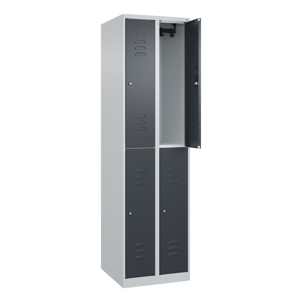 Illustration du produit: C+P Doppelstock-Spind Classic PLUS, 2 Abteile, HxBxT 1.850 x 500 x 500 mm, lichtgrau, anthrazitgrau, Zylinderschloss, 4 Fächer