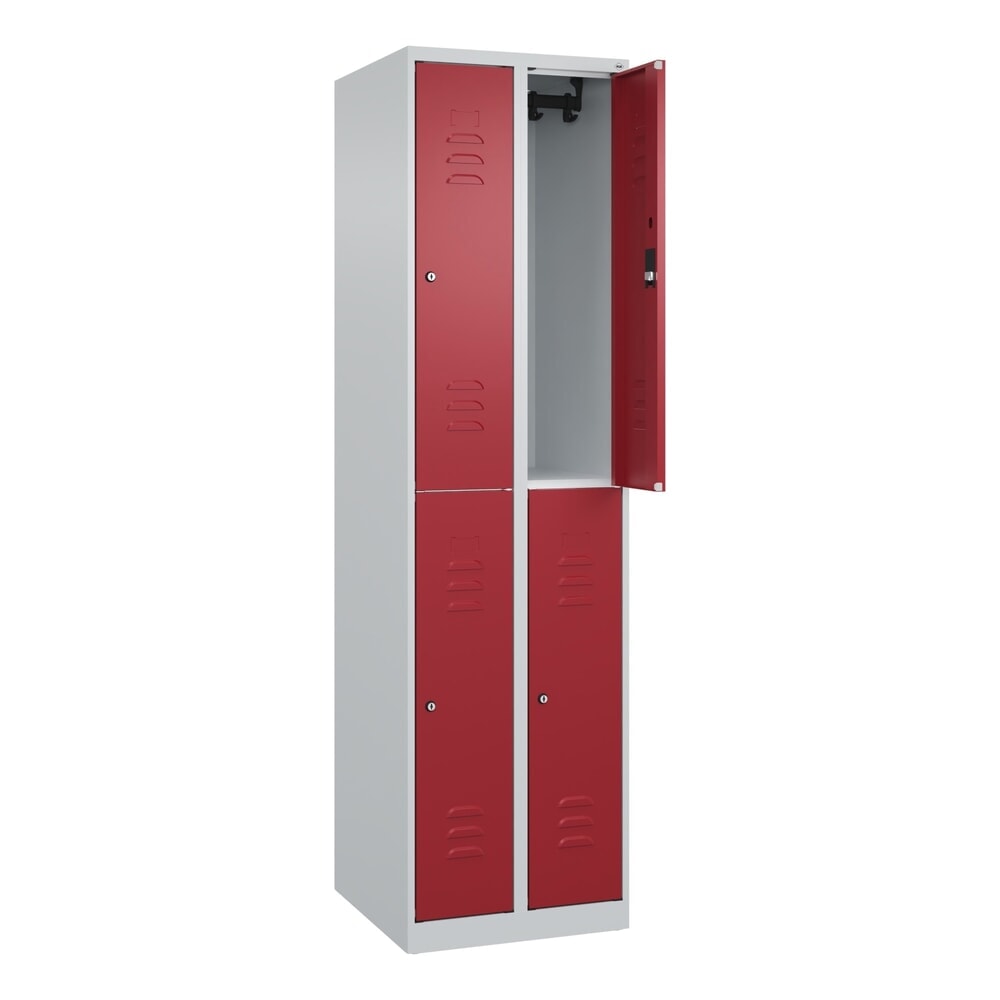 Illustration du produit: C+P Doppelstock-Spind Classic PLUS, 2 Abteile, HxBxT 1.850 x 500 x 500 mm, lichtgrau, rubinrot, Zylinderschloss, 4 Fächer
