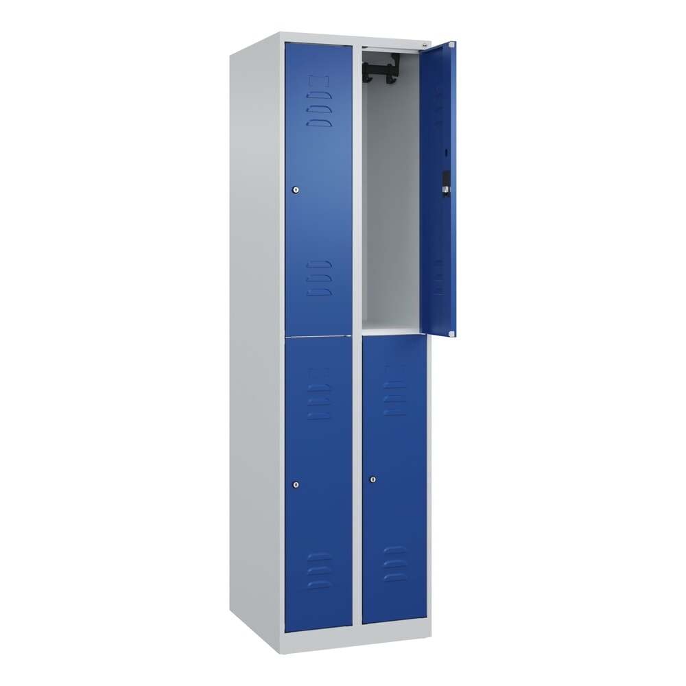 N° de l'image du produit 1 : C+P Doppelstock-Spind Classic PLUS, 2 Abteile, HxBxT 1.850 x 500 x 500 mm, lichtgrau, enzianblau, Zylinderschloss, 4 Fächer