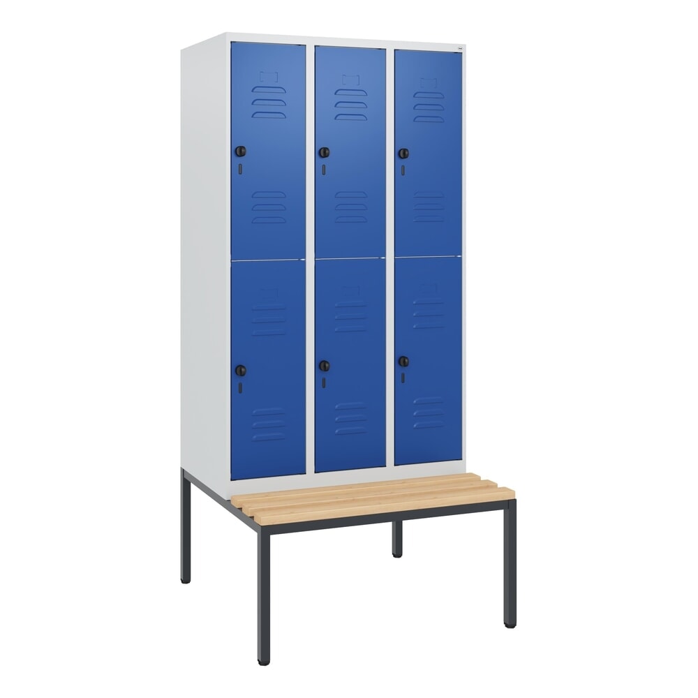 N° de l'image du produit 9 : C+P Doppelstock-Spind Classic PLUS, 3 Abteile, HxBxT 1.950 x 900 x 815 mm, für Vorhängeschloss, untergebaute Bank aus Buche, lichtgrau, enzianblau
