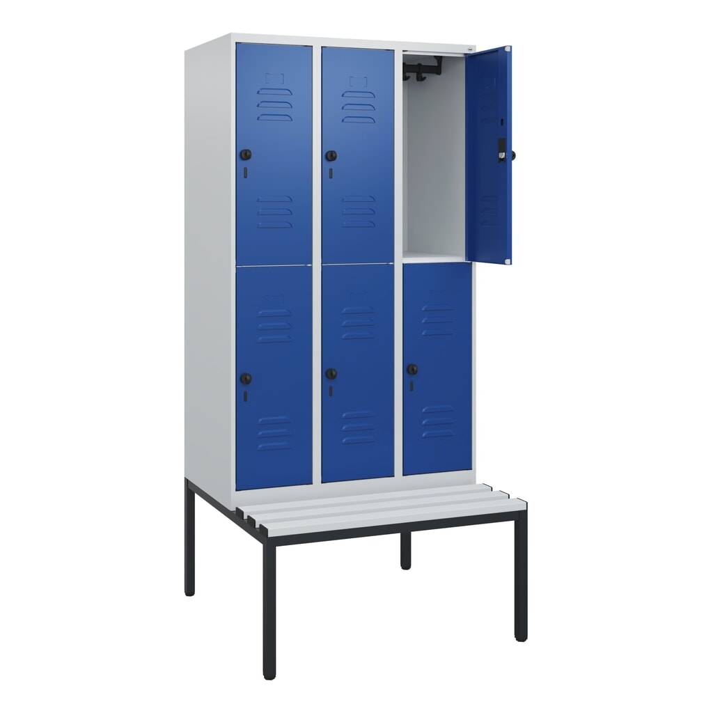 Illustration du produit: C+P Doppelstock-Spind Classic PLUS, 3 Abteile, HxBxT 1.950 x 900 x 815 mm, für Vorhängeschloss, untergebaute Bank aus Kunststoff, lichtgrau, enzianblau