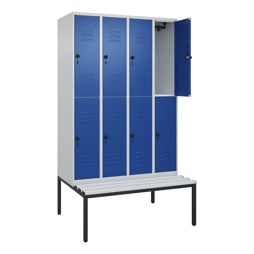 N° de l'image du produit 1 : C+P Doppelstock-Spind Classic PLUS, 4 Abteile, HxBxT 2.120 x 1.200 x 815 mm, für Vorhängeschloss, untergebaute Bank aus Kunststoff, lichtgrau, enzianblau