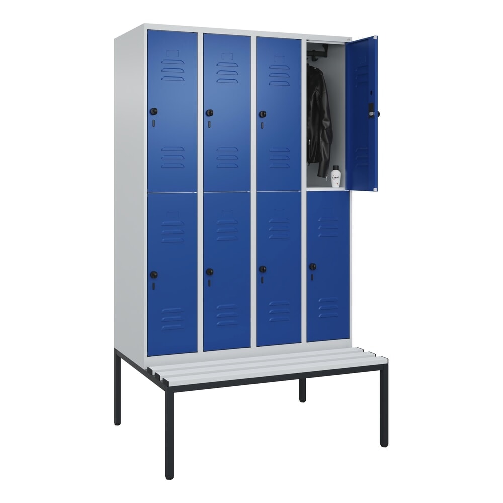N° de l'image du produit 10 : C+P Doppelstock-Spind Classic PLUS, 4 Abteile, HxBxT 2.120 x 1.200 x 815 mm, für Vorhängeschloss, untergebaute Bank aus Kunststoff, lichtgrau, enzianblau