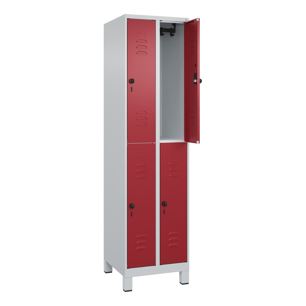 N° de l'image du produit 1 : C+P Doppelstock-Spind Classic PLUS, Füße, 2 Abteile, HxBxT 1.950 x 500 x 500 mm, lichtgrau, rubinrot, 4 Fächer, für Vorhängeschloss