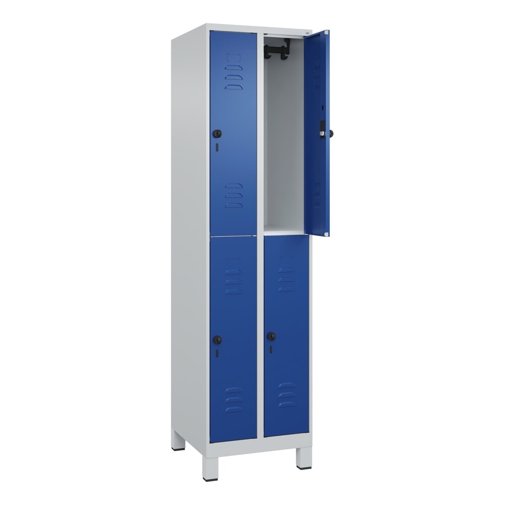 Illustration du produit: C+P Doppelstock-Spind Classic PLUS, Füße, 2 Abteile, HxBxT 1.950 x 500 x 500 mm, lichtgrau, enzianblau, 4 Fächer, für Vorhängeschloss