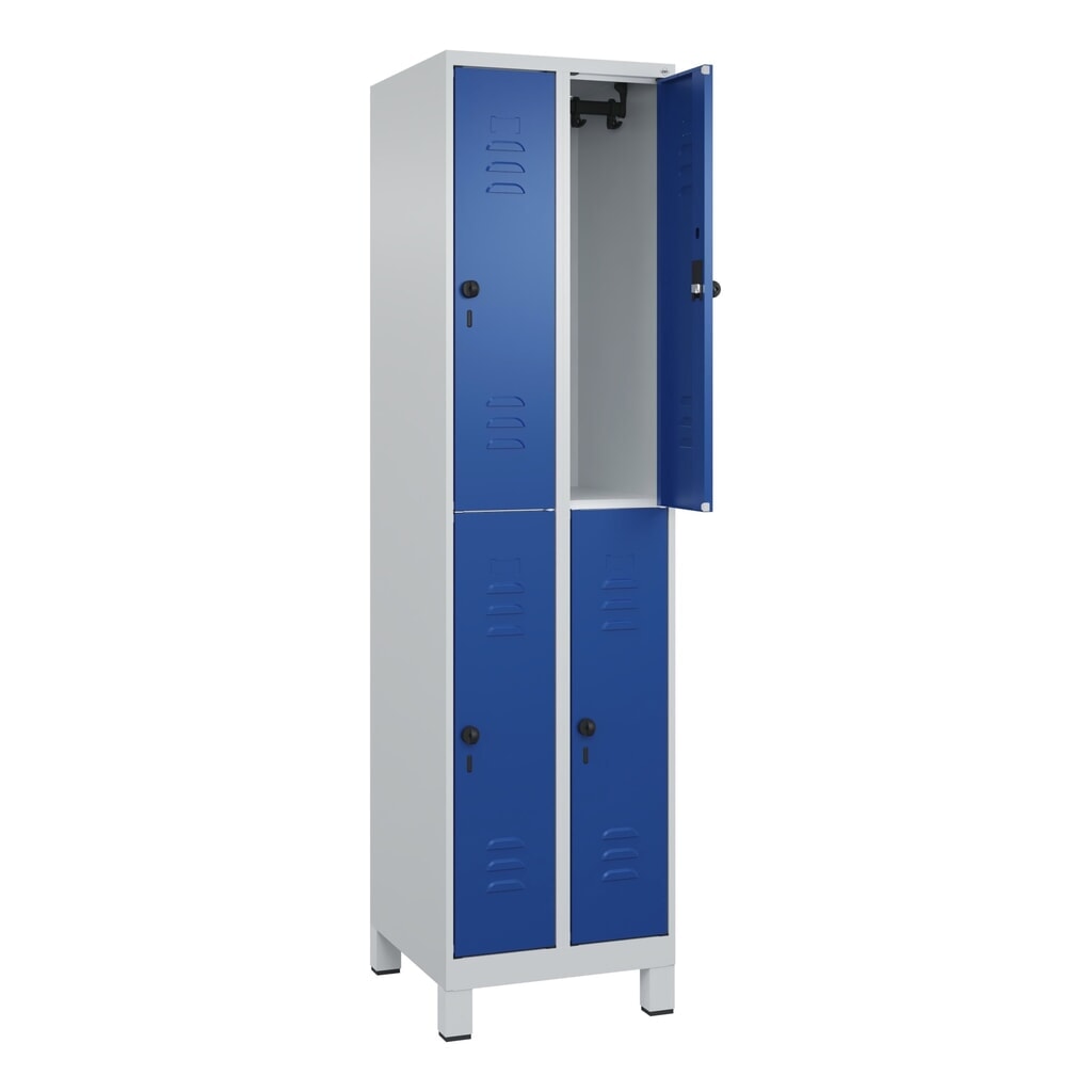 N° de l'image du produit 1 : C+P Doppelstock-Spind Classic PLUS, Füße, 2 Abteile, HxBxT 1.950 x 500 x 500 mm, lichtgrau, enzianblau, 4 Fächer, für Vorhängeschloss