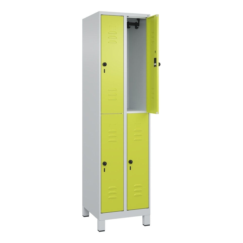 Illustration du produit: C+P Doppelstock-Spind Classic PLUS, Füße, 2 Abteile, HxBxT 1.950 x 500 x 500 mm, lichtgrau, clowngrün, 4 Fächer, für Vorhängeschloss