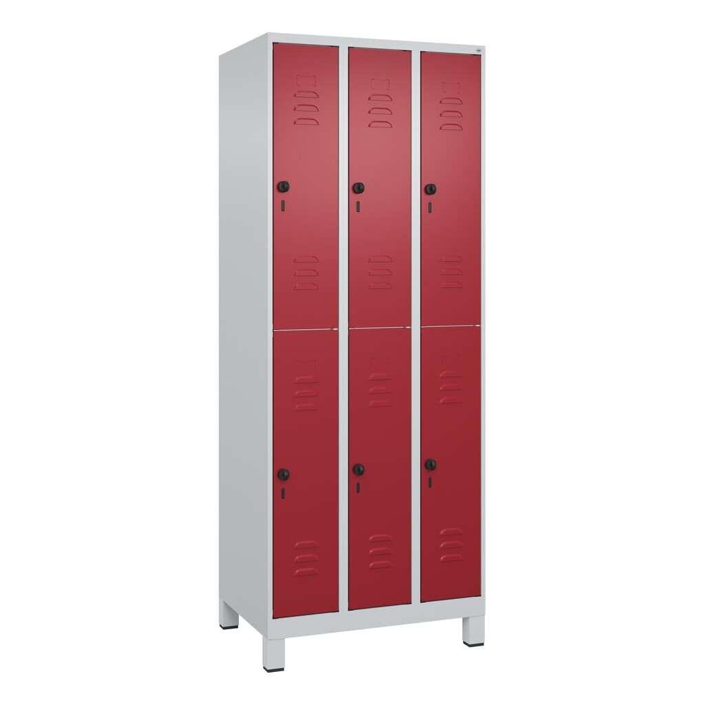 N° de l'image du produit 8 : C+P Doppelstock-Spind Classic PLUS, Füße, 3 Abteile, HxBxT 1.950 x 750 x 500 mm, lichtgrau, rubinrot, 6 Fächer, für Vorhängeschloss